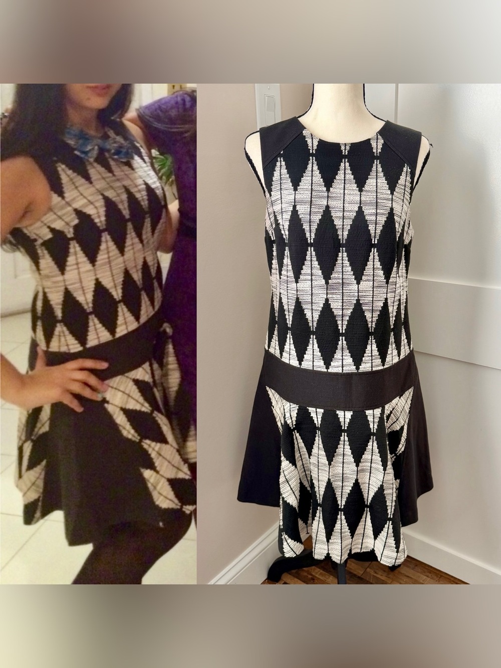 Banana Republic Tweed Diamond Jacquard Drop Waist Dress Black White Sz 4